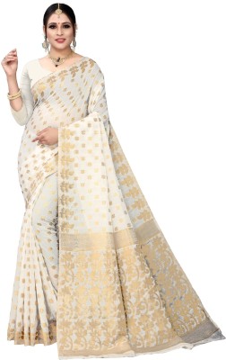 FluteFashion Self Design Jamdani Cotton Blend Saree(White)