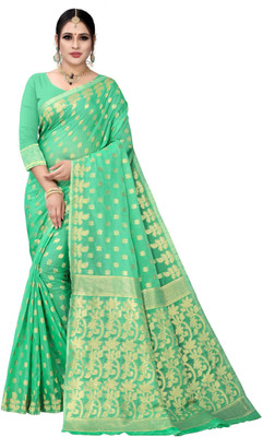 FluteFashion Self Design Jamdani Cotton Blend Saree(Light Green)
