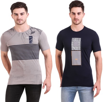 BRAVEZI Printed Men Round Neck Dark Blue, Grey T-Shirt