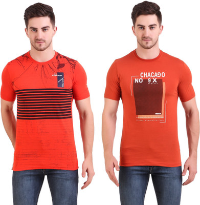 BRAVEZI Printed Men Round Neck Red, Orange T-Shirt