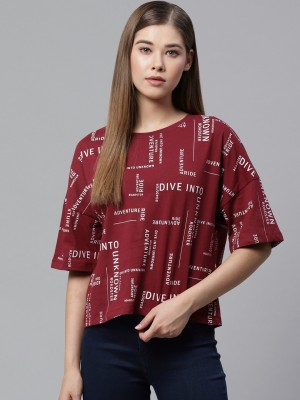 Roadster Printed Women Round Neck Maroon T-Shirt