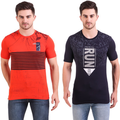 BRAVEZI Printed Men Round Neck Dark Blue, Red T-Shirt
