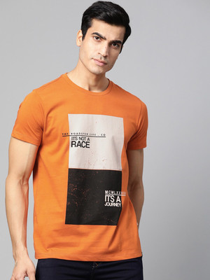Roadster Printed Men Round Neck Brown T-Shirt
