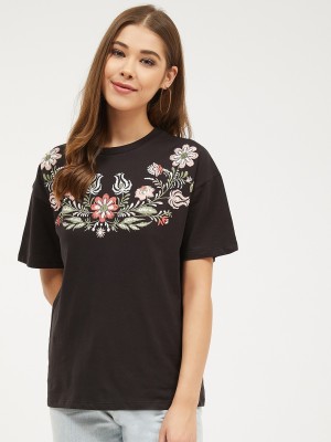 HARPA Embroidered Women Round Neck Black T-Shirt