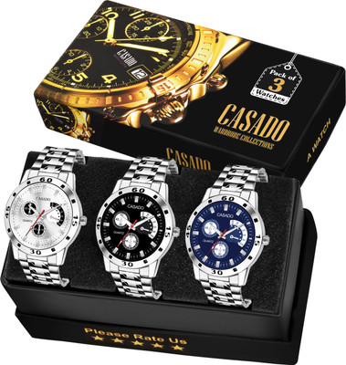 Casado Premium Collection of 3 Black Blue & Silver Dummy Chronograph Pattern Dial with Stainless Steel Metal Strap For Uptown Boys Analog Watch  - For Men