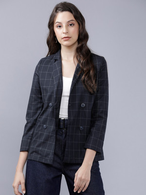 Tokyo Talkies Checkered Double Breasted Party Women Blazer(Blue)