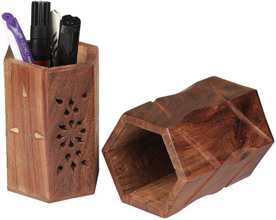 ARTANDCRAFTINDIA 2 Compartments Wooden Stationary Holder(Brown)