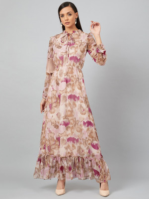 ATHENA Women Fit and Flare Beige Maxi/Full Length Dress