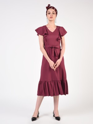 FLOREOS Women Ruffled Maroon Dress