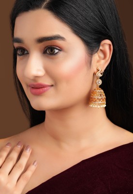 RUBANS 22K Gold Plated Handcrafted Zircon Stone with Pearls Peacock Shaped Jhumka Earrings Brass Jhumki Earring