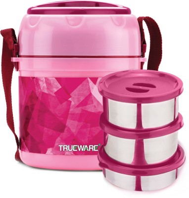 Trueware Ofce plus 2 Lunch Box 3 Stainless Steel Containers Tifn Insulated Lunch Box |300 ml x 2, 200 ml x 1|-Pink 3 Containers Lunch Box(800 ml, Thermoware)