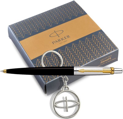 PARKER Jotter standard Black & Chrome ball pen with Gold trim + Parker keychain Pen Gift Set(Blue)