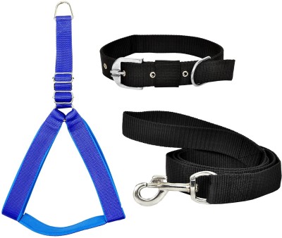 S.Blaze Dog Belt Combo of 1 inch Nylon Padded Blue Dog Body Harness with Black Collar & Leash Specially for Medium Breed Dog Harness & Leash(Medium, 1 inch Blue Harness Black Belt)