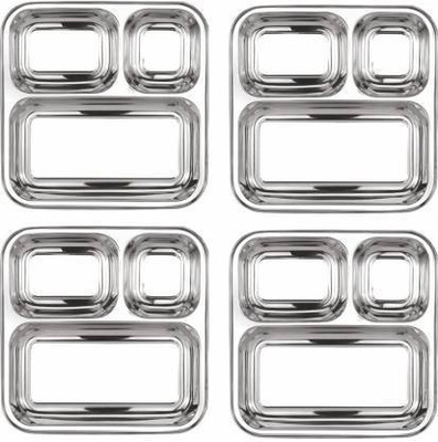 Vallabh Stainless Steel 3 in 1Pav Bhaji Plate/Thali/ Dinner Plates Set of 4 Piece,Silver Sectioned Plate(Pack of 4, Microwave Safe)
