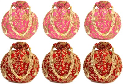 athizay 6 Pcs Potli bags ( 3 Pcs Pink nd 3 Pcs Red Potli bags Combo ) for women handbags traditional Indian Wristlet with Drawstring Ethnic Embroidery Women Fashion Potli Potli(Pack of 6)