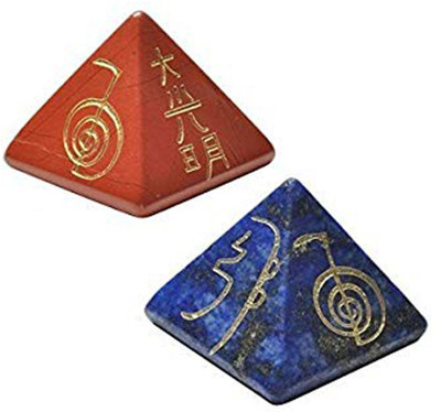 AIR9999 Lapis Lazuli and Red Jasper 25 mm Small 4 Reiki Symbol Engraved Pyramids Set Decorative Showpiece  -  3 cm(Crystal, Multicolor)