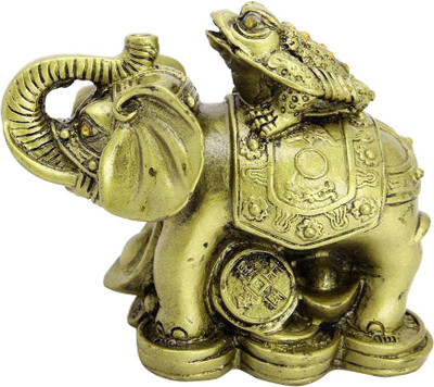 FOBHIYA Feng Shui King Money Toad Three Legged Frog on Trunk up Elephant, Vastu Money Frog On Elephant Showpiece for Wealth Strength Wisdom and Success, Best for Gifting Decorative Showpiece  -  7 cm(Polyresin, Gold)