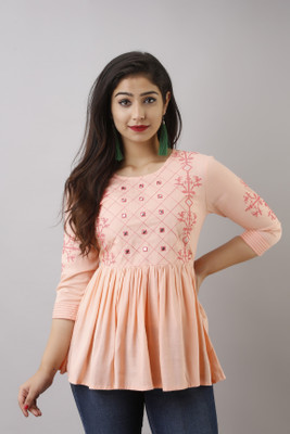 NITVAN Casual 3/4 Sleeve Embroidered Women Pink Top