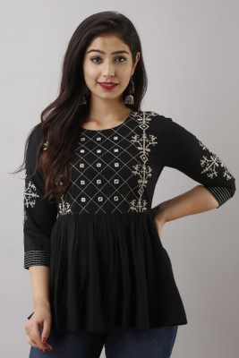 NAVJYOTI FASHION Casual Embroidered Women Black Top