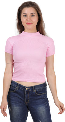 FineCreations Casual Half Sleeve Solid Women Pink Top