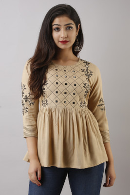 NITVAN Casual 3/4 Sleeve Embroidered Women Brown Top