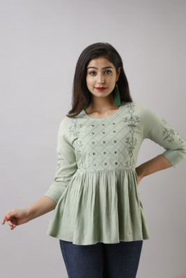 NITVAN Casual 3/4 Sleeve Embroidered Women Light Green Top