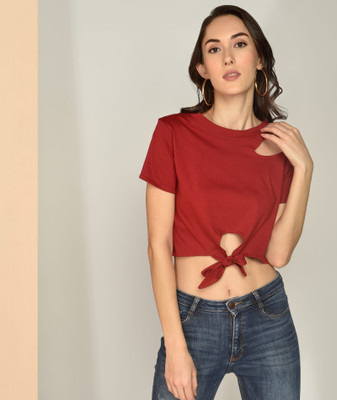 Chimpaaanzee Casual Short Sleeve Checkered Women Maroon Top