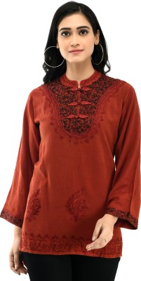 PURPURA Casual Full Sleeve Embroidered Women Maroon Top