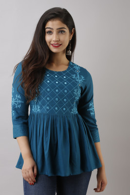 NITVAN Casual 3/4 Sleeve Embroidered Women Dark Blue Top