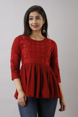 NITVAN Casual 3/4 Sleeve Embroidered Women Maroon Top