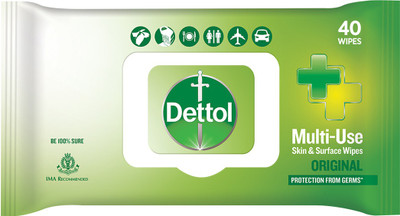Dettol Original, Sanitize Skin & Surfaces, Safe on Skin, Resealable Lock-lid(40 Wipes)