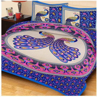 ShreeShyam Handicraft 104 TC Cotton Double Jaipuri Prints Flat Bedsheet(Pack of 1, Blue)