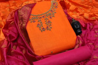Blissta Cotton Blend Solid, Embellished Salwar Suit Material