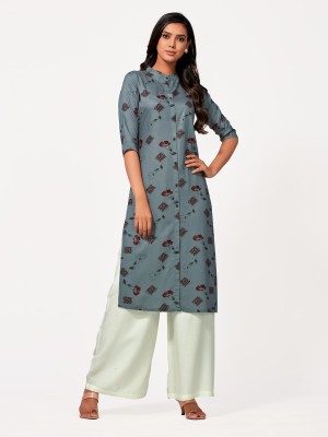 MIMOSA Women Floral Print Straight Kurta(Grey)