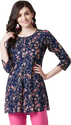 Tissu Women Floral Print Straight Kurta(Dark Blue)