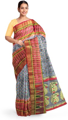 Pradip Fabrics Woven Tant Cotton Silk Saree(Red, Grey)