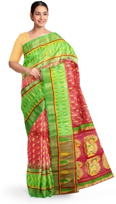 Pradip Fabrics Woven Tant Cotton Blend Saree(Red, Light Green)