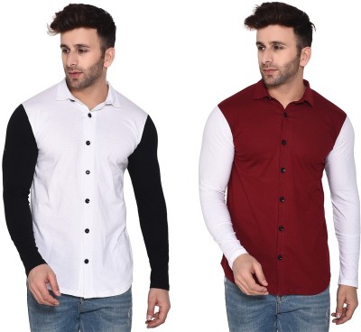 Money Leaf Men Solid Casual White, Maroon Shirt(Pack of 2)