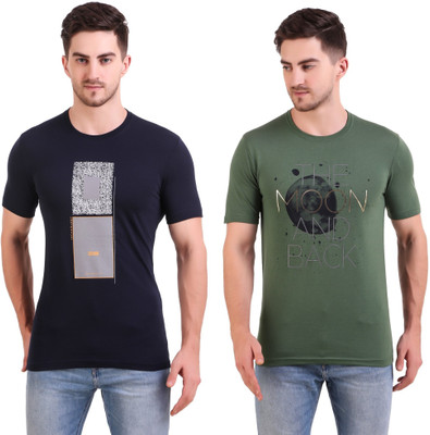 BRAVEZI Printed Men Round Neck Dark Blue, Green T-Shirt