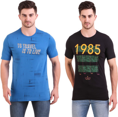 BRAVEZI Printed Men Round Neck Blue, Black T-Shirt