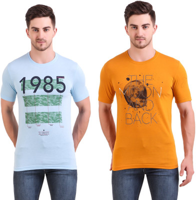 BRAVEZI Printed Men Round Neck Light Blue, Yellow T-Shirt