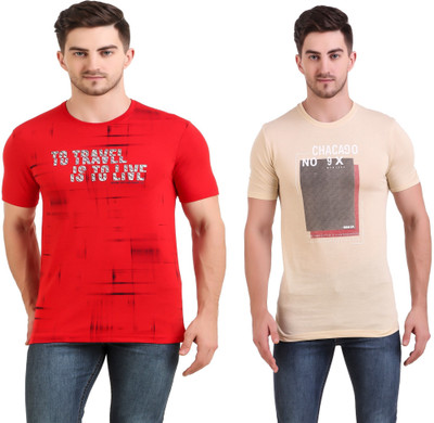 BRAVEZI Printed Men Round Neck Red, Beige T-Shirt