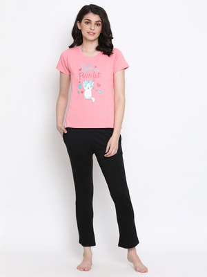 Clovia Graphic Print Women Round Neck Pink T-Shirt