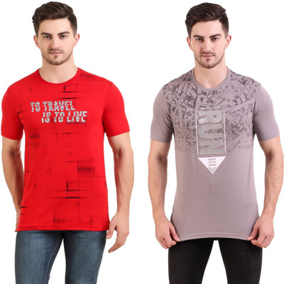 BRAVEZI Printed Men Round Neck Red, Grey T-Shirt