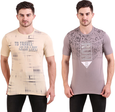 BRAVEZI Printed Men Round Neck Beige, Grey T-Shirt
