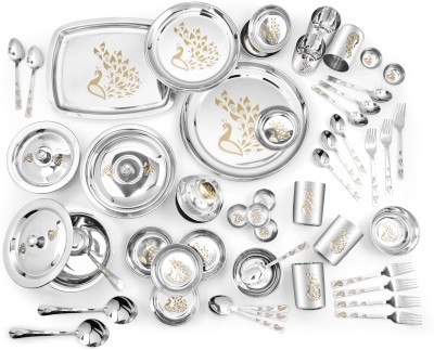 Classic Essentials Pack of 64 Stainless Steel Dinner Set|Kitchen Set for Home|Heavy Gauge|Permanent Laser Engraving-Peacock Dinner Set(Silver)