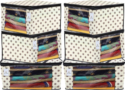 KUBER INDUSTRIES Designer Polka Dots Printed 6 Pieces Non Woven Fabric Saree Cover/Clothes Organiser for Wardrobe Set with Transparent Window, Extra Large (Ivory)-KUBMART2799 KUBMART02799(Ivory)