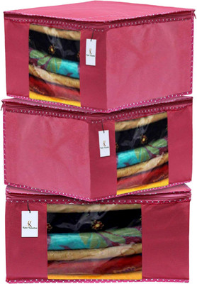 KUBER INDUSTRIES Designer 3 Pieces Non Woven Fabric Saree Cover/Clothes Organiser for Wardrobe Set with Transparent Window, Extra Large (Pink)-KUBMART2762 KUBMART02762(Pink)