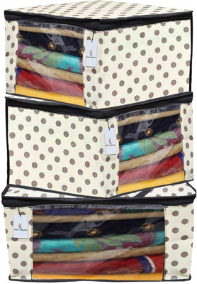 KUBER INDUSTRIES Designer Polka Dots Printed 3 Pieces Non Woven Fabric Saree Cover/Clothes Organiser for Wardrobe Set with Transparent Window, Extra Large (Ivory)-KUBMART2798 KUBMART02798(Ivory)
