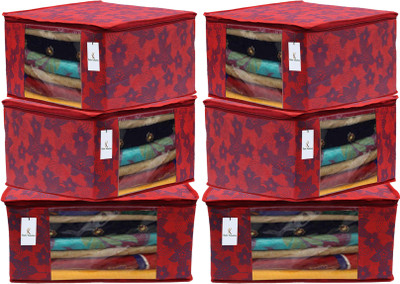 KUBER INDUSTRIES Designer Metalic Printed 6 Pieces Non Woven Fabric Saree Cover/Clothes Organiser for Wardrobe Set with Transparent Window, Extra Large (Red)-KUBMART2787 KUBMART02787(Red)